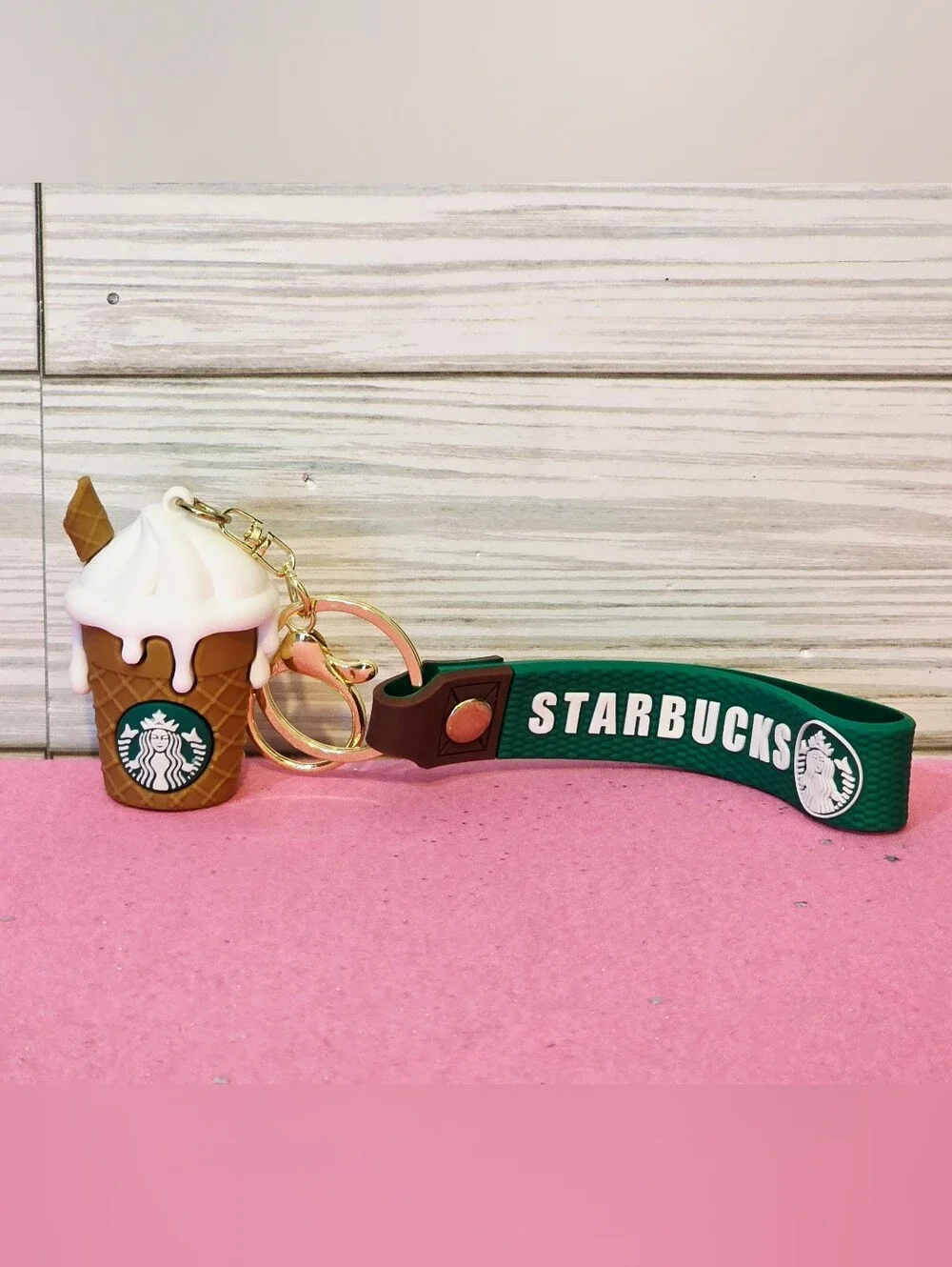 Silicone Starbucks Icecream Cone Keychain with Gold Hardware